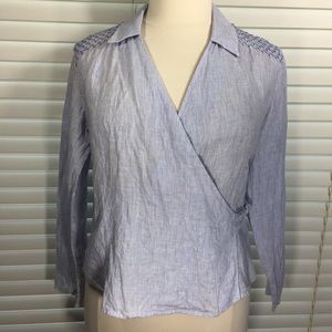 J. Jill Blue White Striped Linen Wrap Top Medium